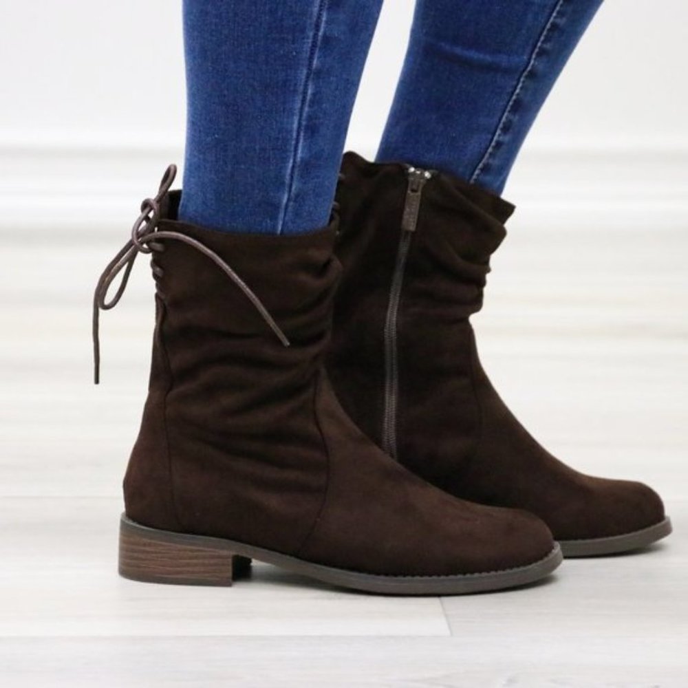 Brown Round Toe Suede Ankle Booties With Lace Back - Picture 8 of 15